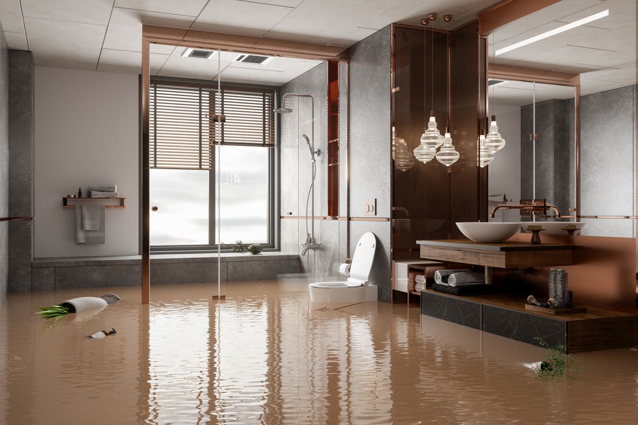 Flooding and water damage in a home's bathroom
